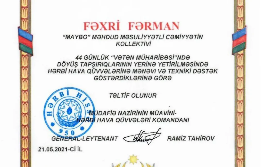 Honorary decree for Maybo from Azerbaijan Defence Ministry